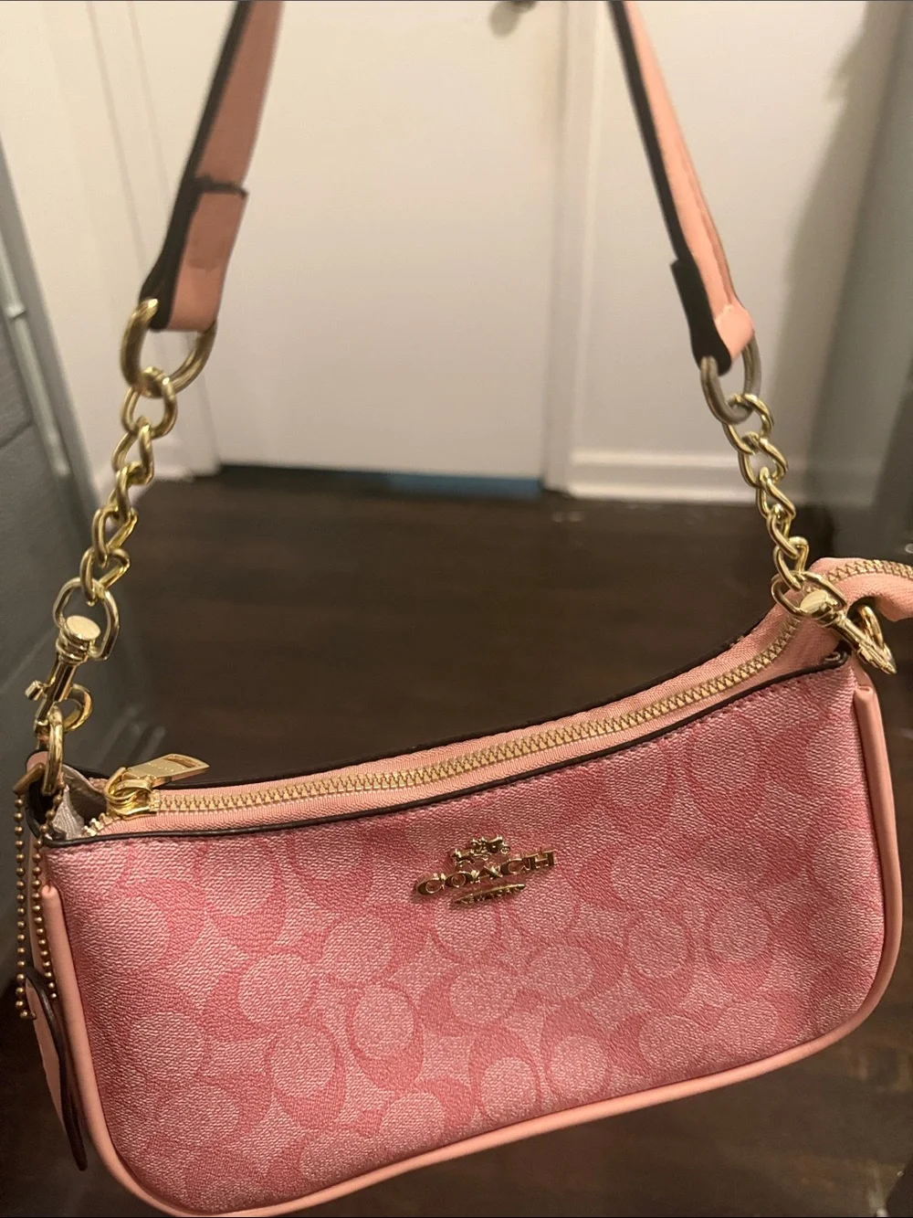 Coach Pink Signature Canvas Shoulder Bag with Gold Hardware